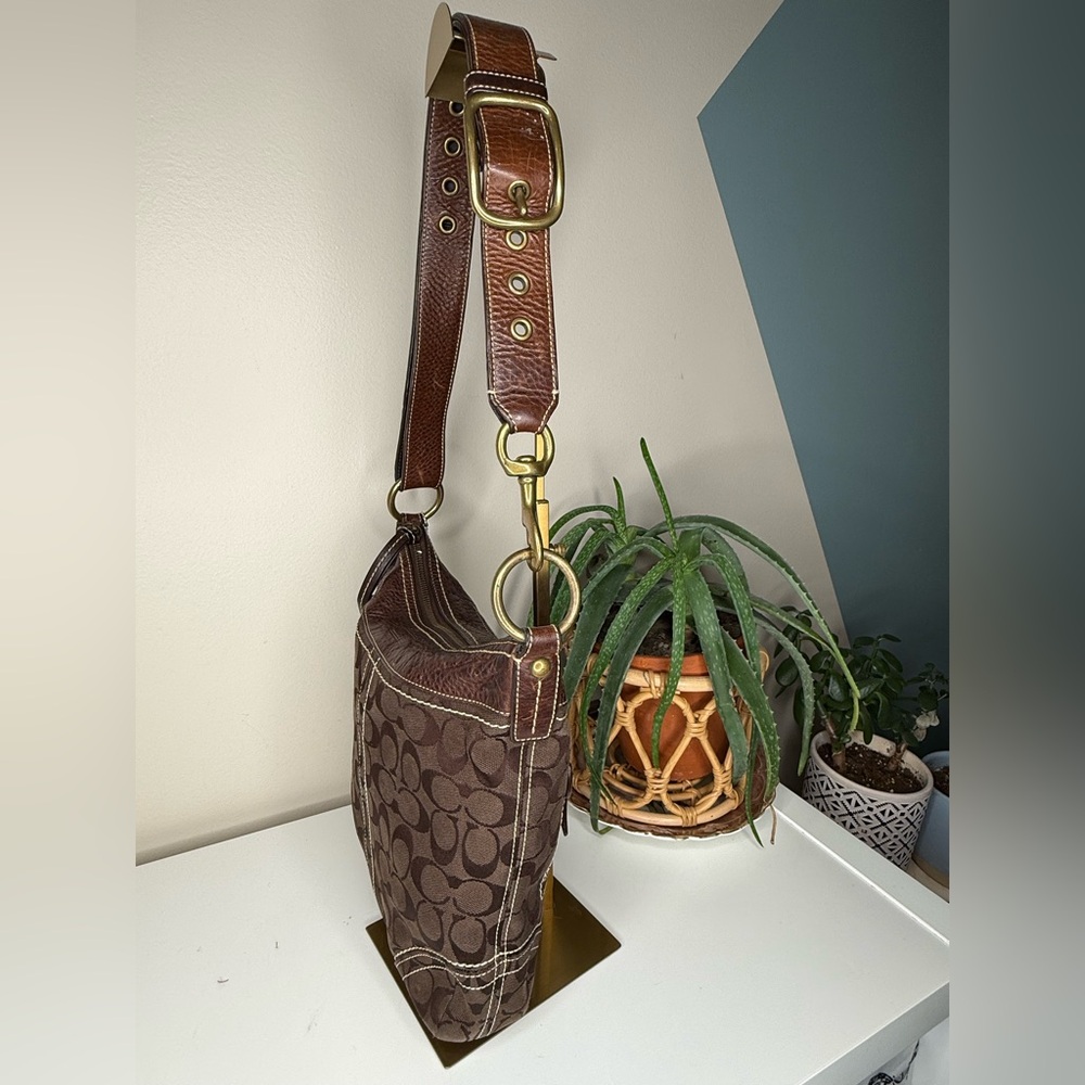 Coach Signature Brown Canvas Hobo Bag Leather Trim Y2K Vintage Crossbody Purse - Picture 4 of 14